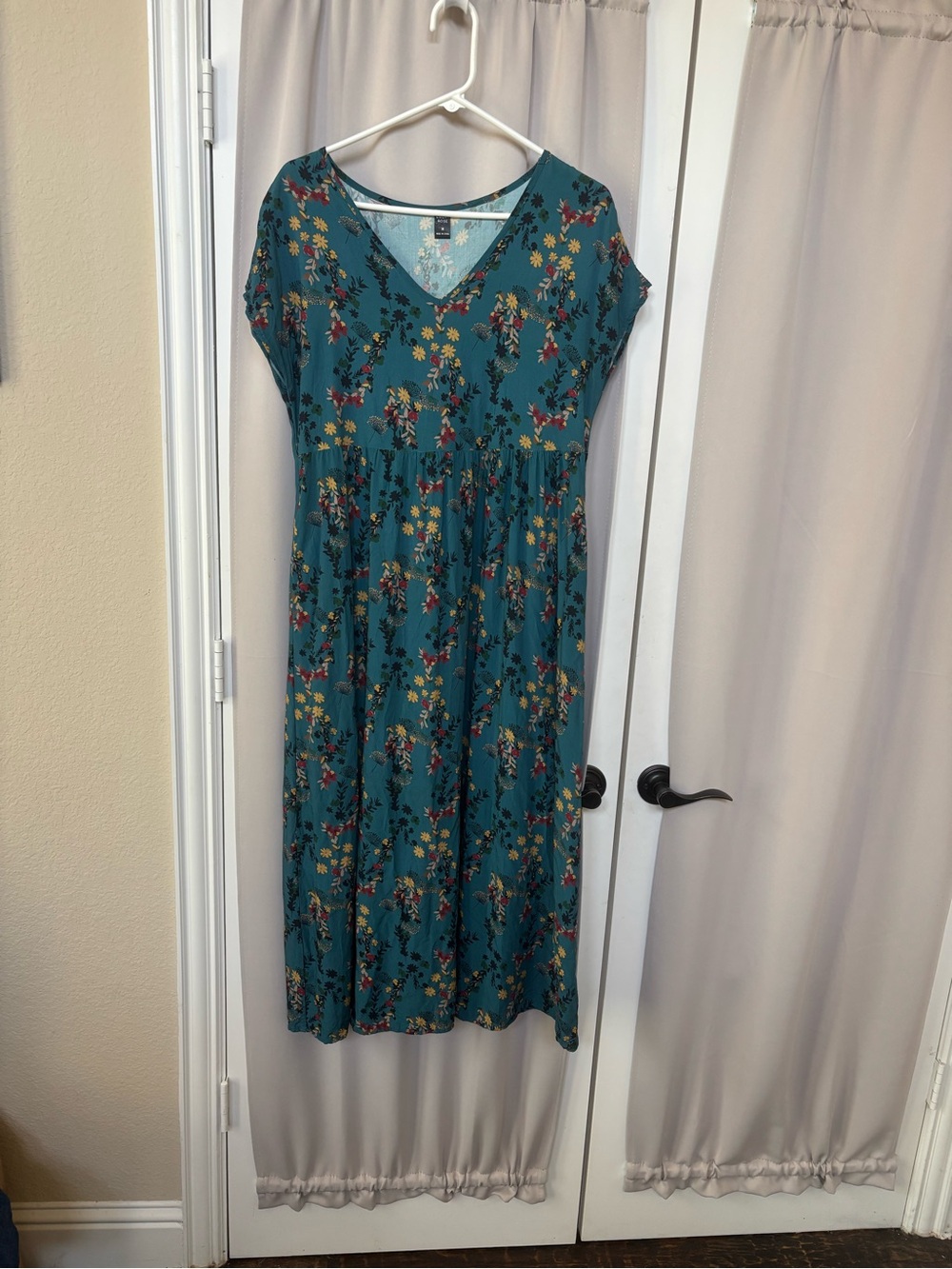 Teal Floral boho Maxi Dress with V-Neck